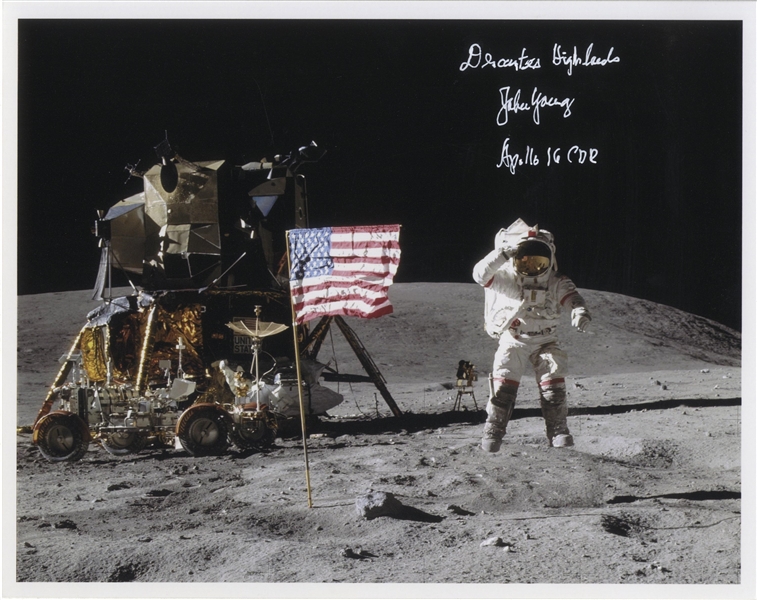 John Young Signed Photo of Him Standing on the Moon in the Descartes Highlands -- With Steve Zarelli COA